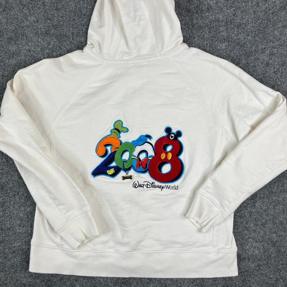Walt Disney World Hoodie Womens XL White Zip Up Mickey Mouse Graphic Cotton